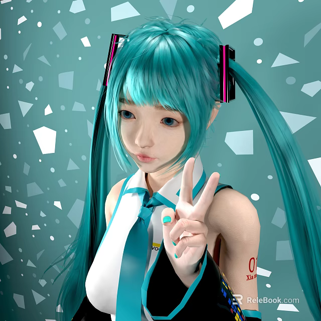 Turquoise Haired Game Movie Character With Pigtails Headphones And Peace Sign Gesture 3d model 