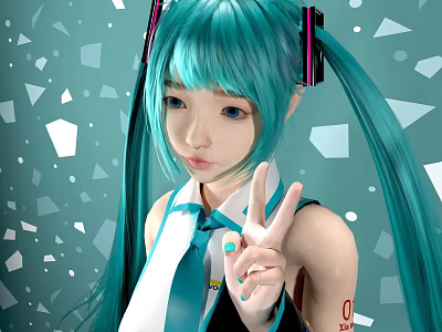 Turquoise Haired Game Movie Character With Pigtails Headphones And Peace Sign Gesture 3d model