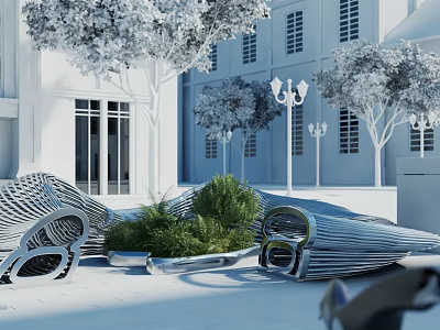 Modern Outdoor Chairs In Urban Setting With Greenery 3d model