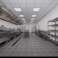 Commercial Kitchen With Stainless Steel Equipment White Walls Ceiling Lights Windows And Central Workbench