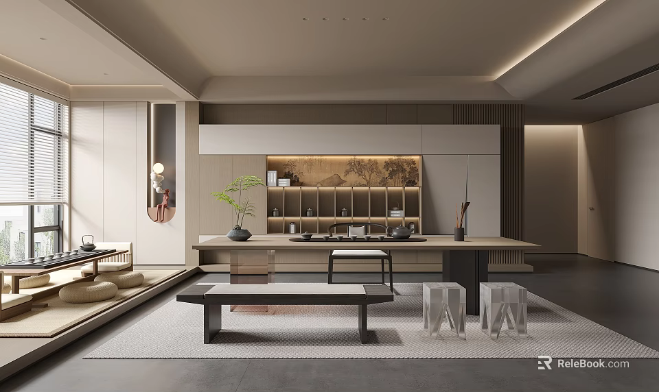 Modern Tea Room Interior With Wooden Table Tea Sets Green Plant Shelves And Bench 3d model 