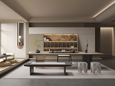 Modern Tea Room Interior With Wooden Table Tea Sets Green Plant Shelves And Bench 3d model
