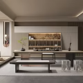 Modern Tea Room Interior With Wooden Table Tea Sets Green Plant Shelves And Bench