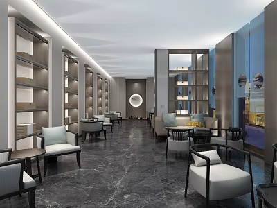 Luxurious Clubhouse Interior With Spacious Layout Bookshelves Sofas Chairs Round Mirror And Marble Flooring 3d model