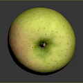 Fresh Yellow Green Apple With Speckled Surface Brown Stem On Shiny Surface With Gray Background