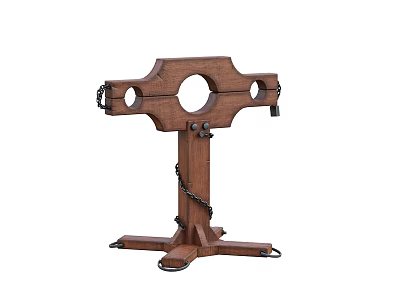 Historical Wooden Pillory With Circular Holes And Metal Chain Base Support 3d model