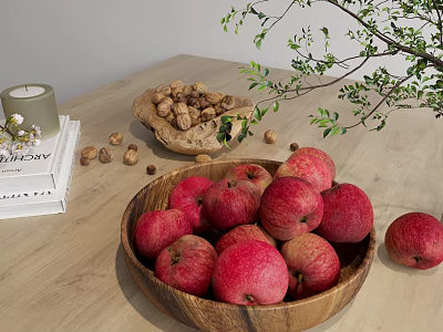 Beautiful Ceramic Bowl With Fresh Red Apples Walnuts Green Leaves And Candle On Wooden Table 3d model