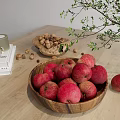 Beautiful Ceramic Bowl With Fresh Red Apples Walnuts Green Leaves And Candle On Wooden Table