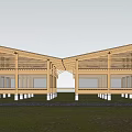 Wooden Homestay Building With Large Windows Sloped Roof In Golden Wheat Field Surrounded By Trees