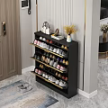Stylish Modern Entryway Shoe Cabinet With Multiple Shelves Holding Shoes And Decorations