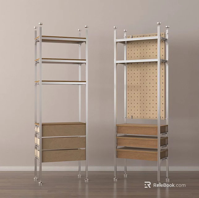 Multi Tier Storage Shelves With Metal Frame Wooden Drawers And Pegboard 3d model 