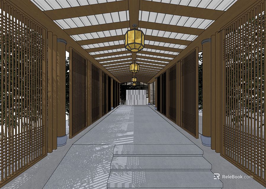 Traditional Chinese Style Elevator Corridor With Wooden Structure Lanterns And Lattice Screens 3d model 