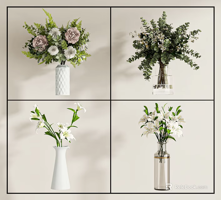 Different Vase Designs With Mixed Flowers Including Roses Lilies And Greenery For Home Decor 3d model 
