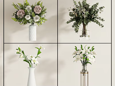 Different Vase Designs With Mixed Flowers Including Roses Lilies And Greenery For Home Decor 3d model