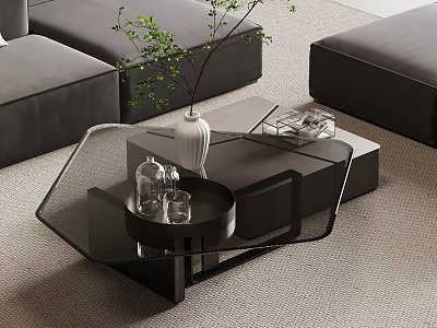 Modern Black Glass Top Coffee Table In Living Room With White Vase Green Plants Glasses 3d model
