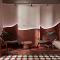 Chic Restaurant Interior With Concrete Walls Arched Windows Red Chimney And Circular Floor