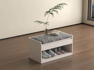 White Shoe Bench With Padded Seat Storage Compartment Green Plant Books On Wooden Floor 3d model