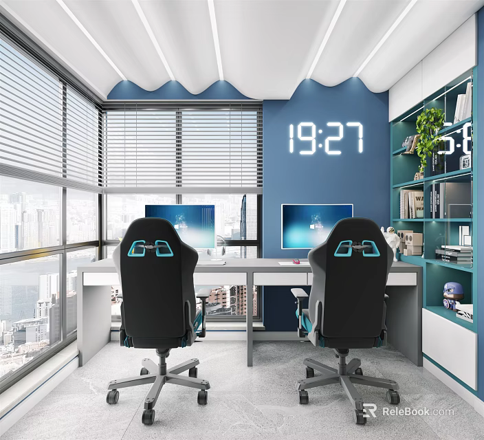 Modern Study Room Interior with Blue Walls Digital Clock Two Gaming Chairs Large Windows and City View 3d model 