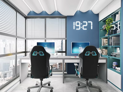Modern Study Room Interior with Blue Walls Digital Clock Two Gaming Chairs Large Windows and City View 3d model