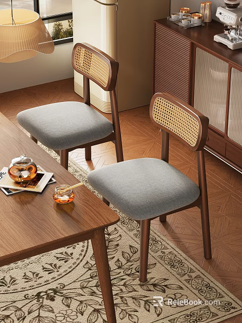 Dining Chairs With Wooden Frame Wicker Backrest And Gray Padded Seat In Cozy Interior 3d model 