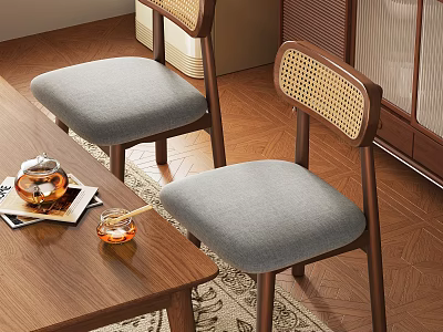 Dining Chairs With Wooden Frame Wicker Backrest And Gray Padded Seat In Cozy Interior 3d model