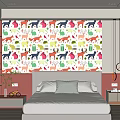 Bedroom Interior With Colorful Animal Pattern Accent Wall Behind Bed