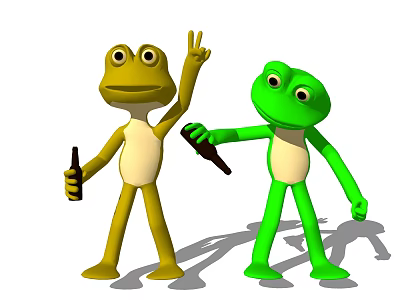 Game And Movie Cartoon Frog Characters Yellow Green Holding Bottles With V Sign 3d model