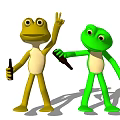 Game And Movie Cartoon Frog Characters Yellow Green Holding Bottles With V Sign