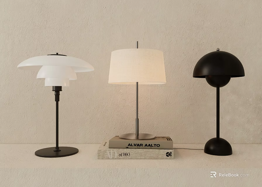 Three Modern Table Lamps With Stylish Shades Placed On Stack Of Books 3d model 