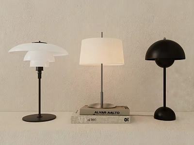 Three Modern Table Lamps With Stylish Shades Placed On Stack Of Books 3d model