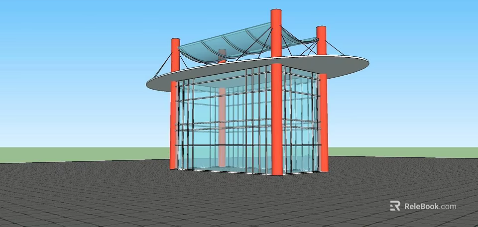 Modern Architectural Structure Featuring Red Pillars Glass Curtain Walls and Curved Roof 3d model 