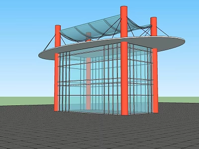Modern Architectural Structure Featuring Red Pillars Glass Curtain Walls and Curved Roof 3d model