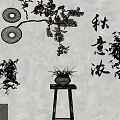 Bonsai Plant in White Pot on Wooden Stool with Autumn Calligraphy and White Flowers