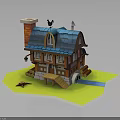 Cute Small Wooden House With Blue Roof Chimney And Green Grass Base