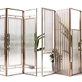 Modern Copper Frame Room Divider with Geometric Patterns Transparent Panels and Potted Plants 3d model