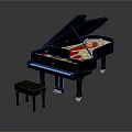 Elegant Black Grand Piano Musical Instrument With Matching Bench And Golden Accents On Reflective Surface