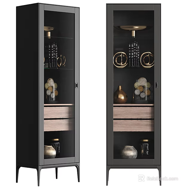 Modern Black Frame Display Cabinet With Glass Door Wooden Shelves And Golden Decorative Items 3d model 