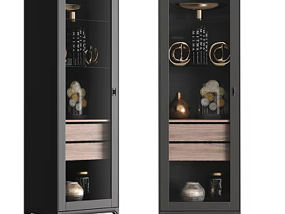 Modern Black Frame Display Cabinet With Glass Door Wooden Shelves And Golden Decorative Items 3d model