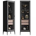 Modern Black Frame Display Cabinet With Glass Door Wooden Shelves And Golden Decorative Items