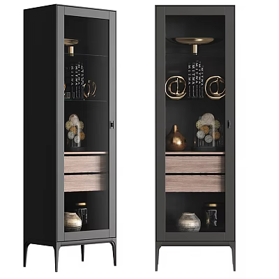 Modern Black Frame Display Cabinet With Glass Door Wooden Shelves And Golden Decorative Items 3d model