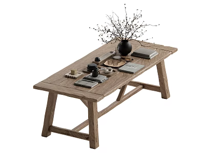 Rustic Wooden Dining Table With Decorative Vase Books And Tray On Surface 3d model