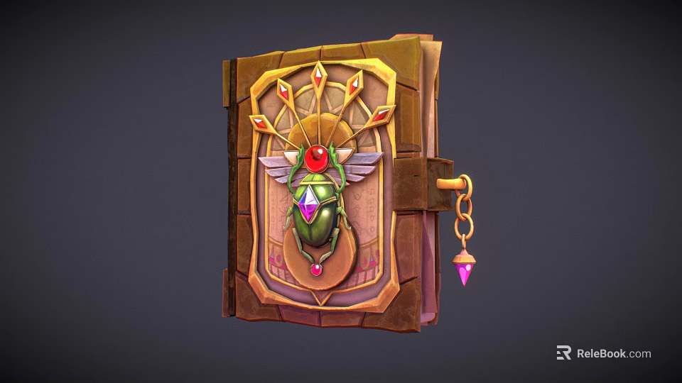 Ornate Book Cover Design With Golden Frame Green Scarab Red Gem And Pink Pendant 3d model 
