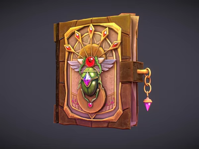 Ornate Book Cover Design With Golden Frame Green Scarab Red Gem And Pink Pendant 3d model