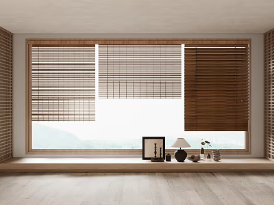 Natural Light Bamboo Blinds For Window With View And Decor Items On Windowsill 3d model