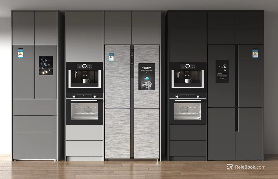 Modern Refrigerators and Freezers in Stylish Gray Black Kitchen Cabinet Design 3d model 