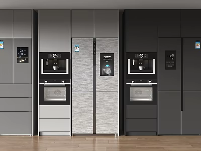 Modern Refrigerators and Freezers in Stylish Gray Black Kitchen Cabinet Design 3d model