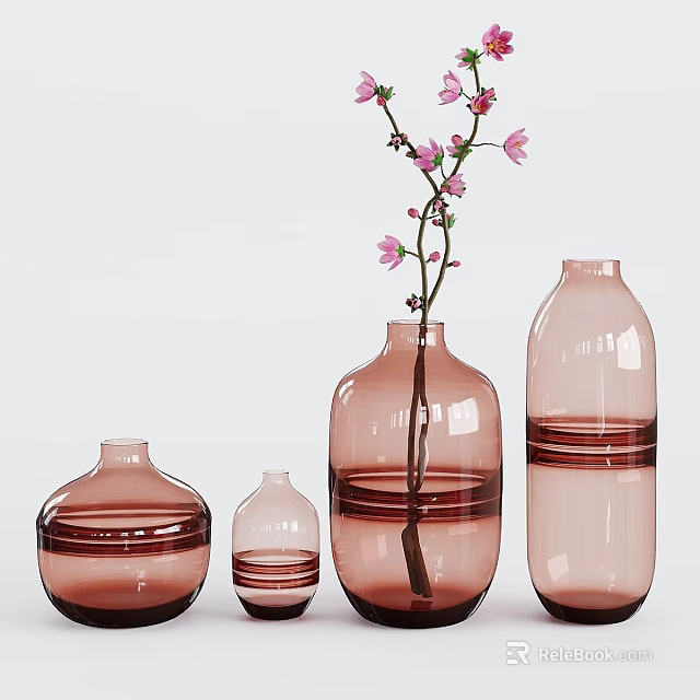 Decorative Ornament Set with Pink Glass Vases in Various Sizes Striped Details and Flower Branch 3d model 