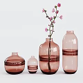 Decorative Ornament Set with Pink Glass Vases in Various Sizes Striped Details and Flower Branch