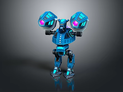 Blue Futuristic Robot With Spherical Arms And Purple Glowing Mechanical Parts 3d model