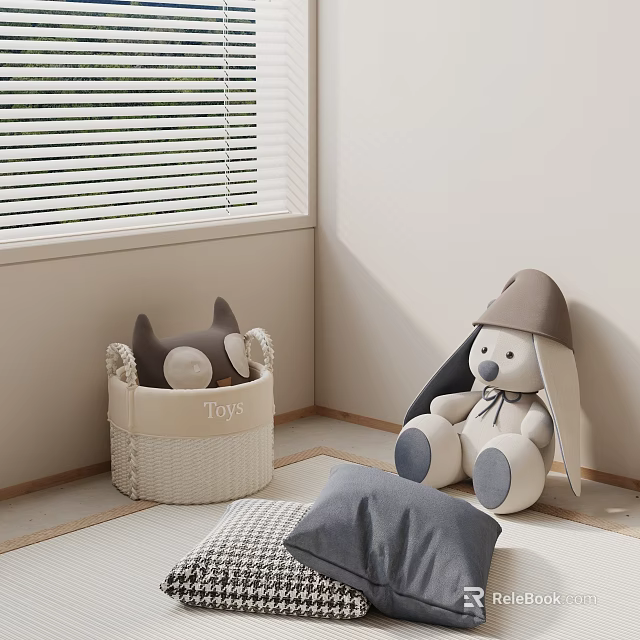 Plush Toys In Cozy Room With Wicker Basket And Pillows 3d model 